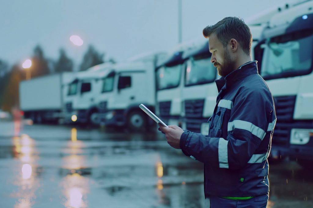 Truck driver checking digital tablet in front of trucking fleet